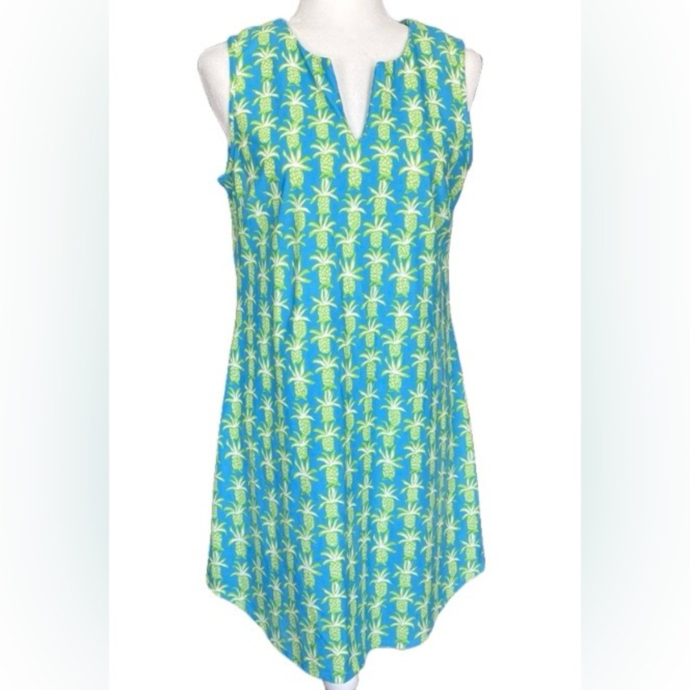 Jude Connally Sleeveless Shift Dress Blue/Green Pineapple Print SZ M Vibrant